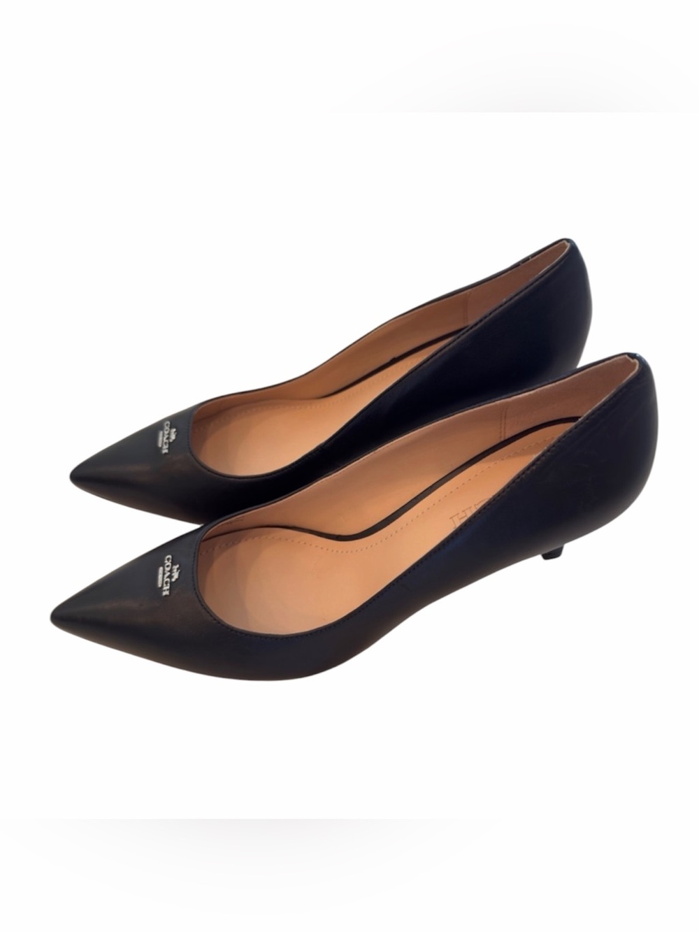 NWOT Coach Black Pointed-Toe Leather Heels with Silver Logo - Picture 3 of 7